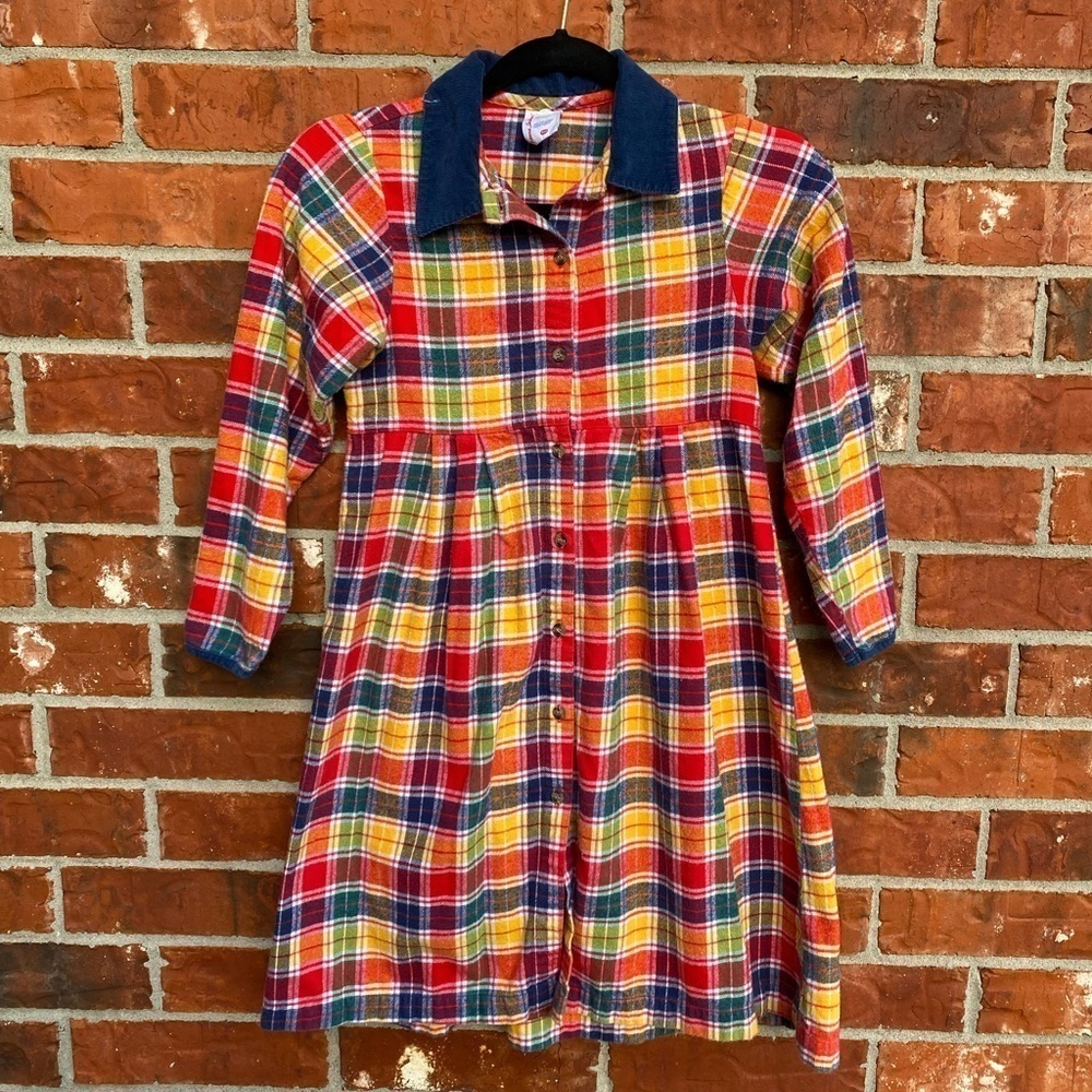 Hanna Andersson 130 Girls 7-10 Red Flannel Plaid Button Front Long Sleeve Dress